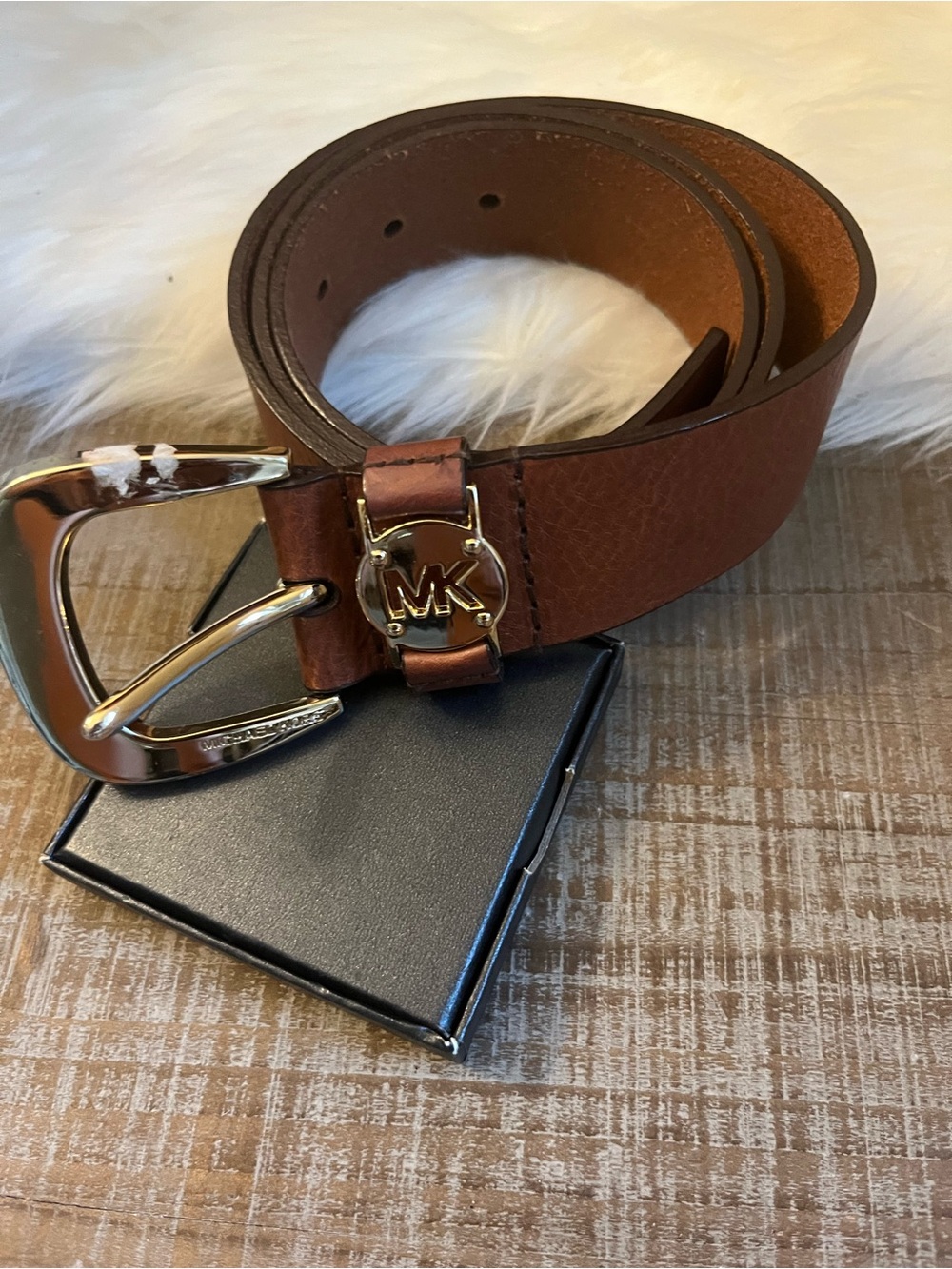 Michael Kors Brown Leather Men's Belt with Gold MK Buckle